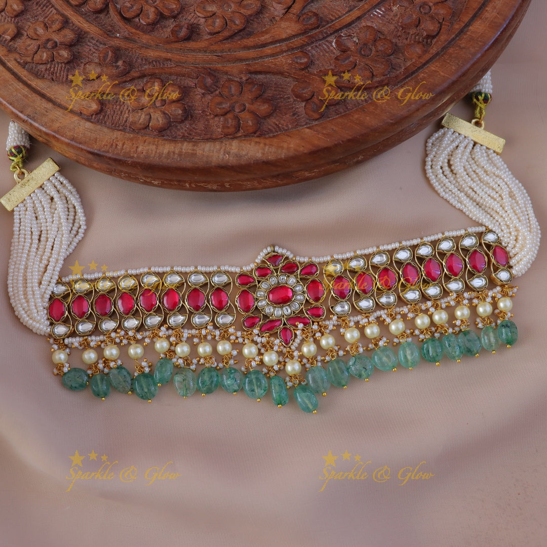 Elegant Jadau Choker with Pearls & Green Beads