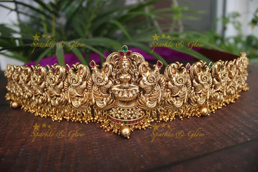Gold alike polished Lakshmi and peacock design hipbelt with gold beads - Sparkle and Glow