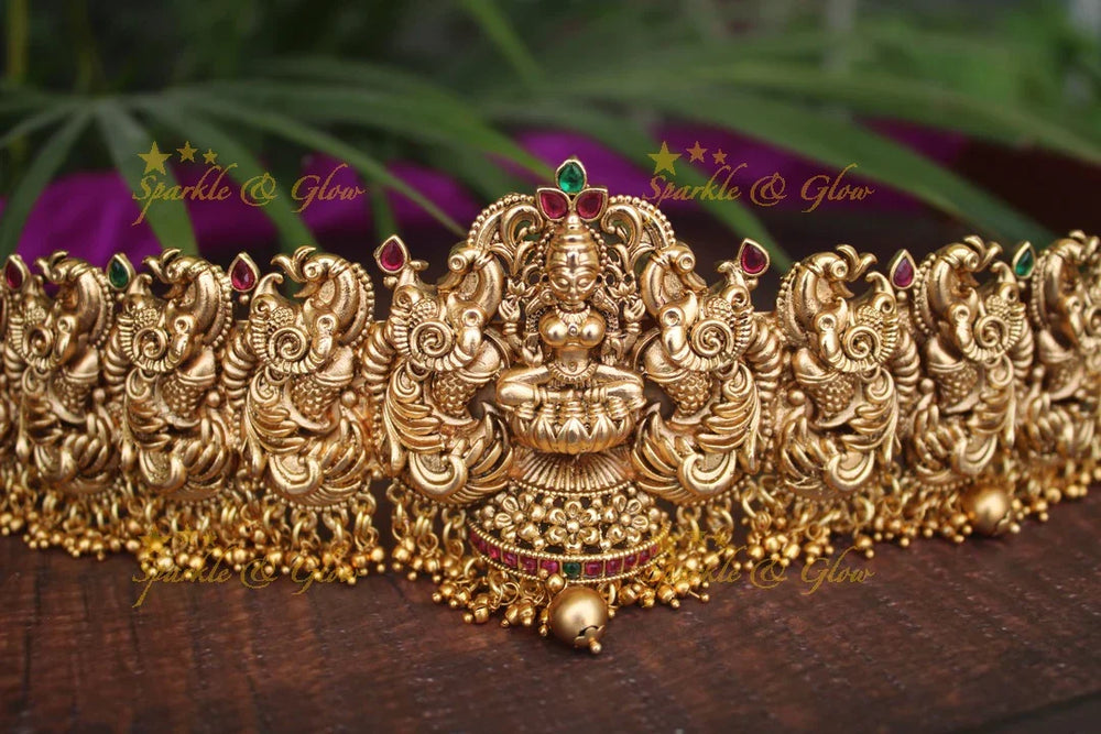 Gold alike polished Lakshmi and peacock design hipbelt with gold beads - Sparkle and Glow