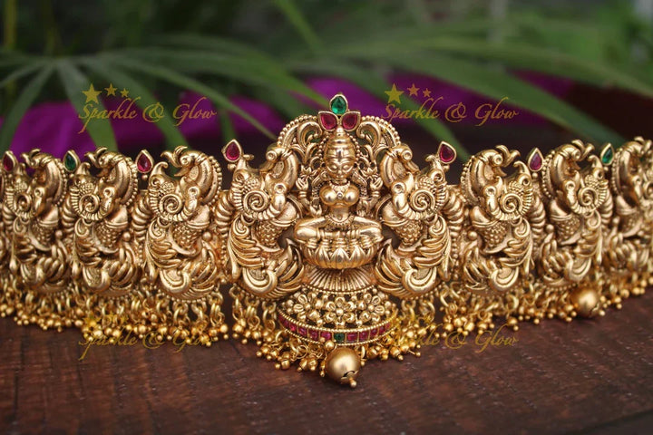 Gold alike polished Lakshmi and peacock design hipbelt with gold beads - Sparkle and Glow