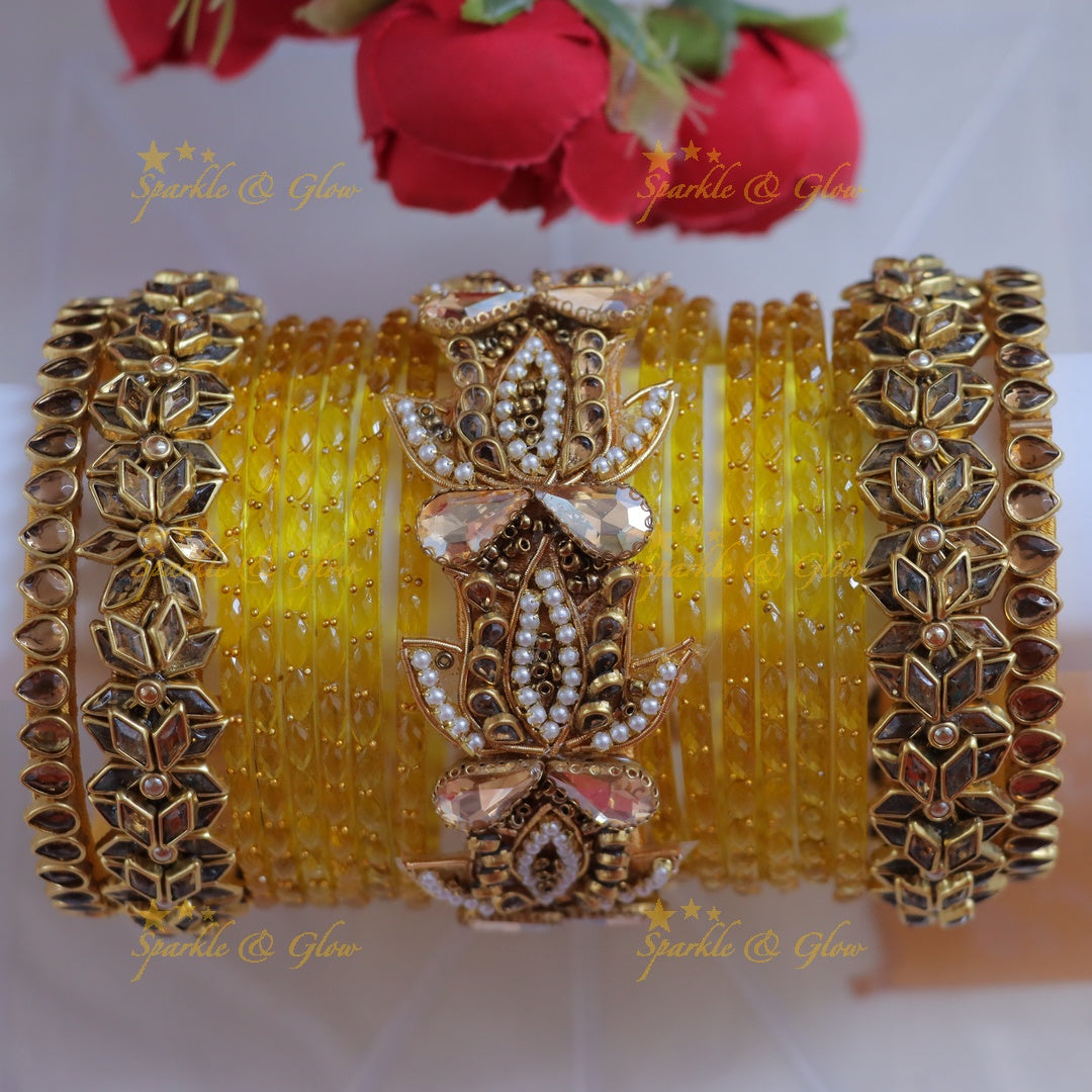 Vibrant Yellow Kundan Bangles Set | Perfect for Weddings - One Hand