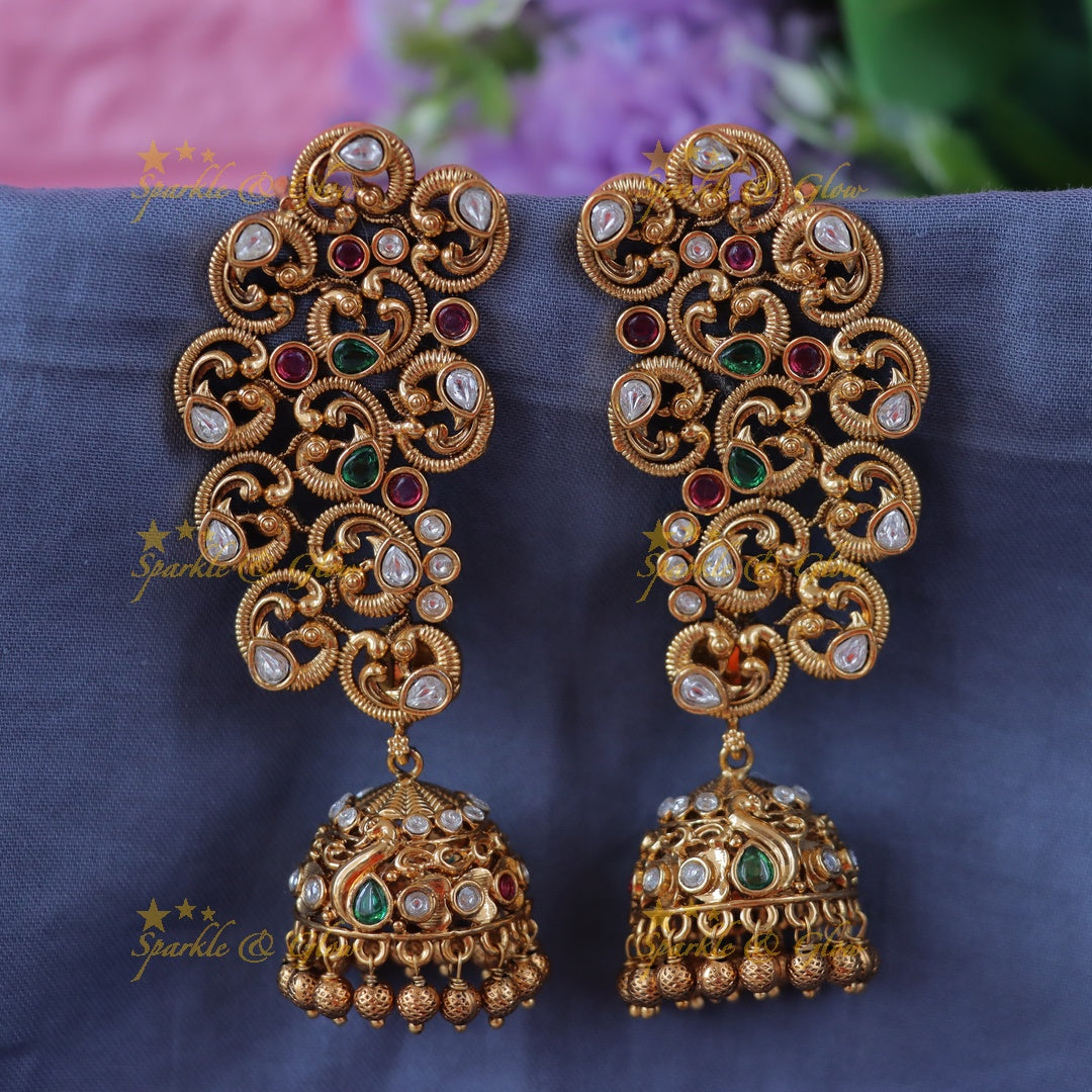 Exquisite Peacock Gold Bead Cuff Jhumka Earrings