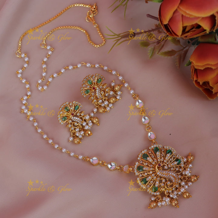 Elegant Pearl Necklace with Peacock Pendant Charm