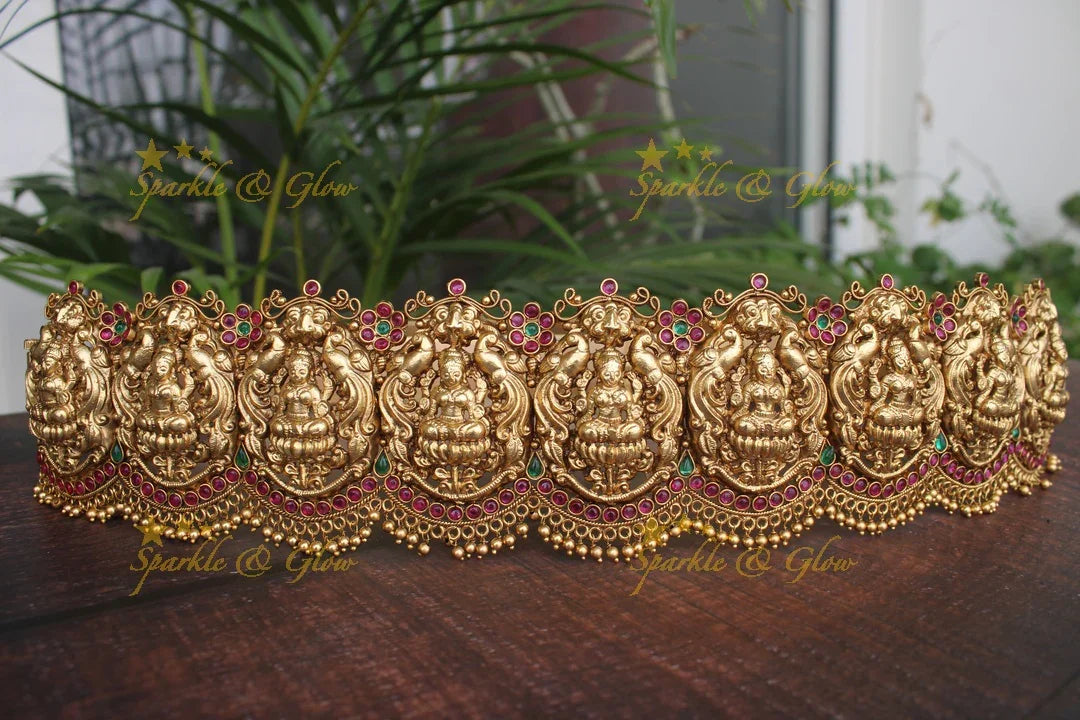 Gold alike polished Lakshmi and peacock design hipbelt with kemp stone - Sparkle and Glow