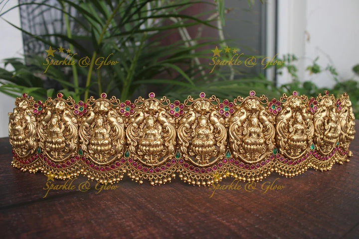 Gold alike polished Lakshmi and peacock design hipbelt with kemp stone - Sparkle and Glow