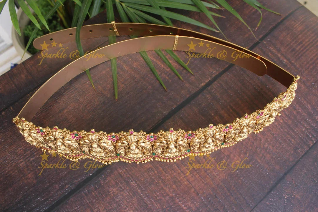 Gold alike polished Lakshmi and peacock design hipbelt with kemp stone - Sparkle and Glow