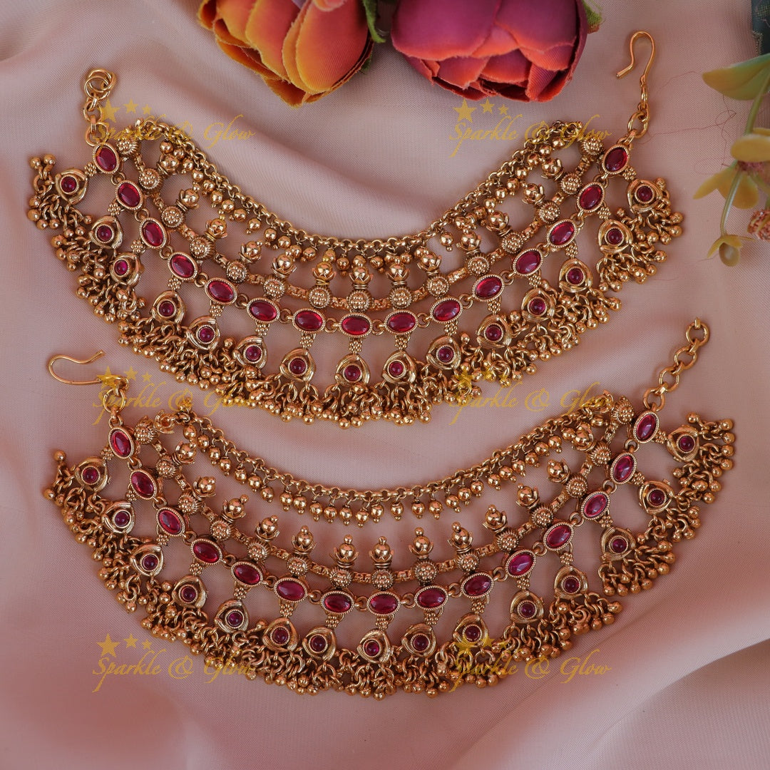 Exquisite Gold Earchains with Floral Stone Design