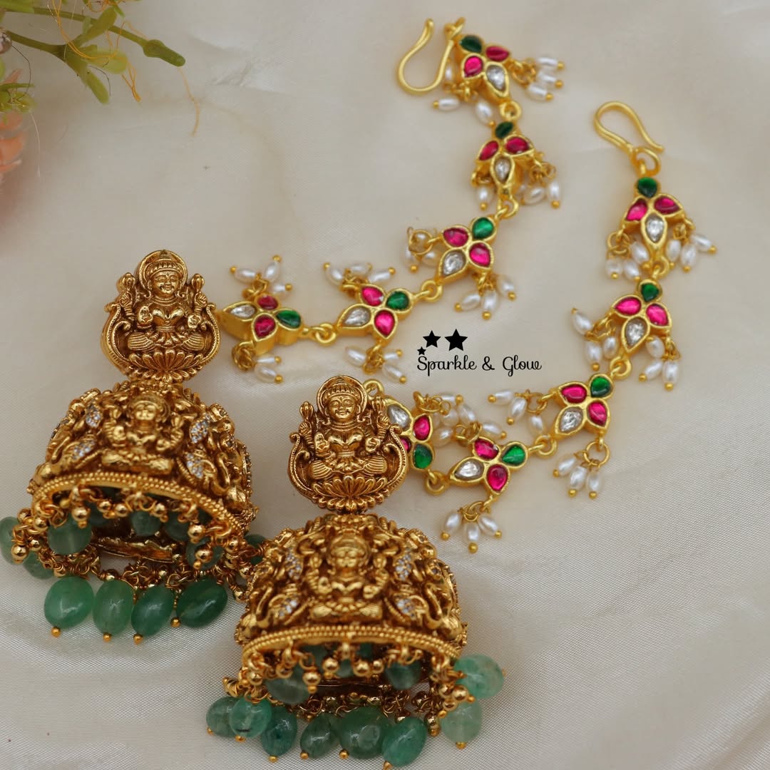 Exquisite Jadau Kundan Lakshmi Earrings with Earchain