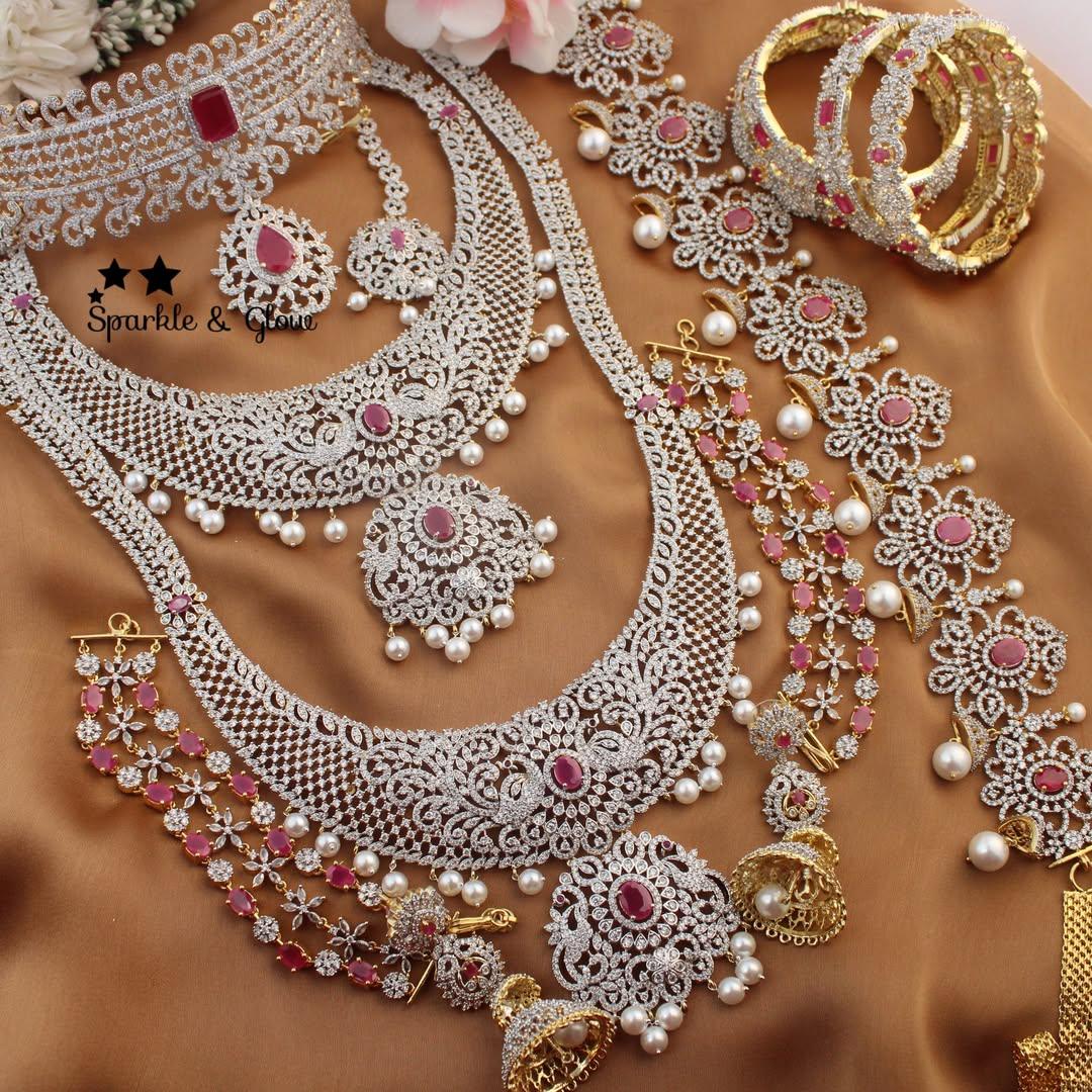 Exquisite AD Peacock Bridal Set with Pearls