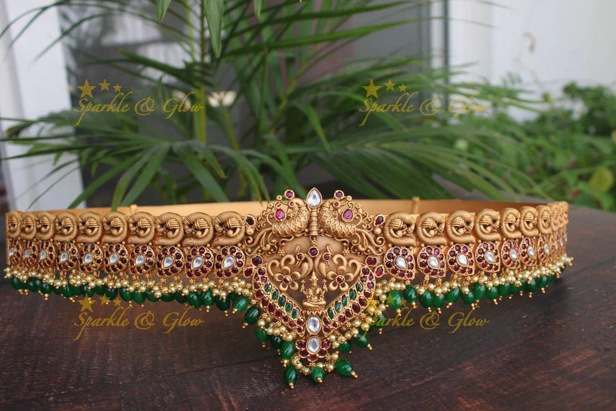 Premium matte lakshmi and peacock hipbelt with Green beads - Sparkle and Glow