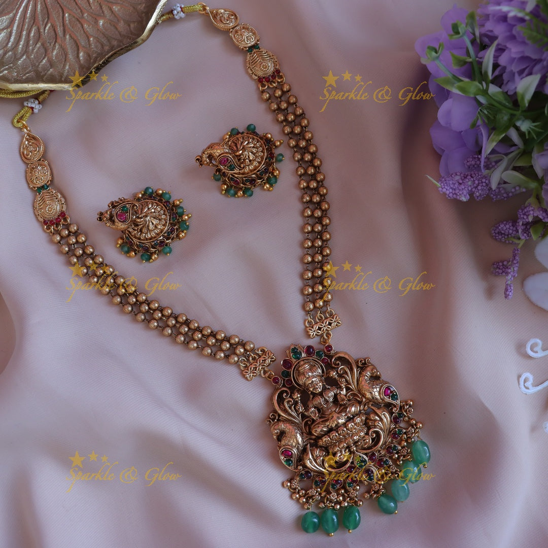 Exquisite Lakshmi Temple Necklace Set with Gold Beads