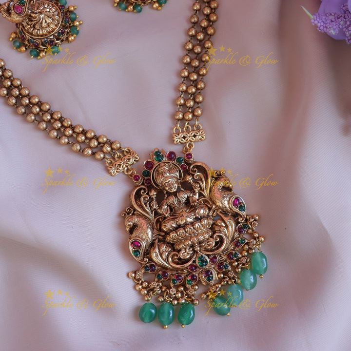 Exquisite Lakshmi Temple Necklace Set with Gold Beads