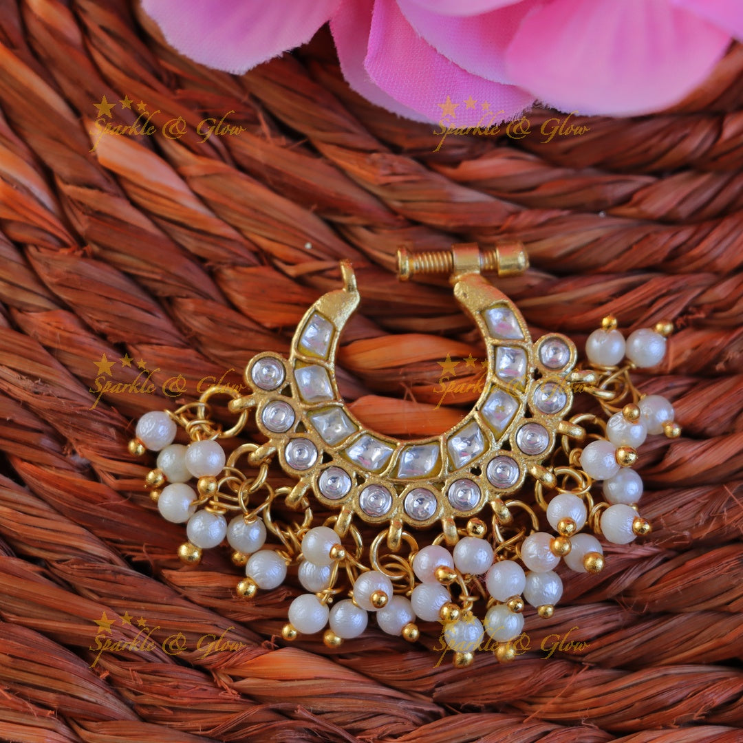 Stunning Gold Jadau Pearl Nosepin for Weddings