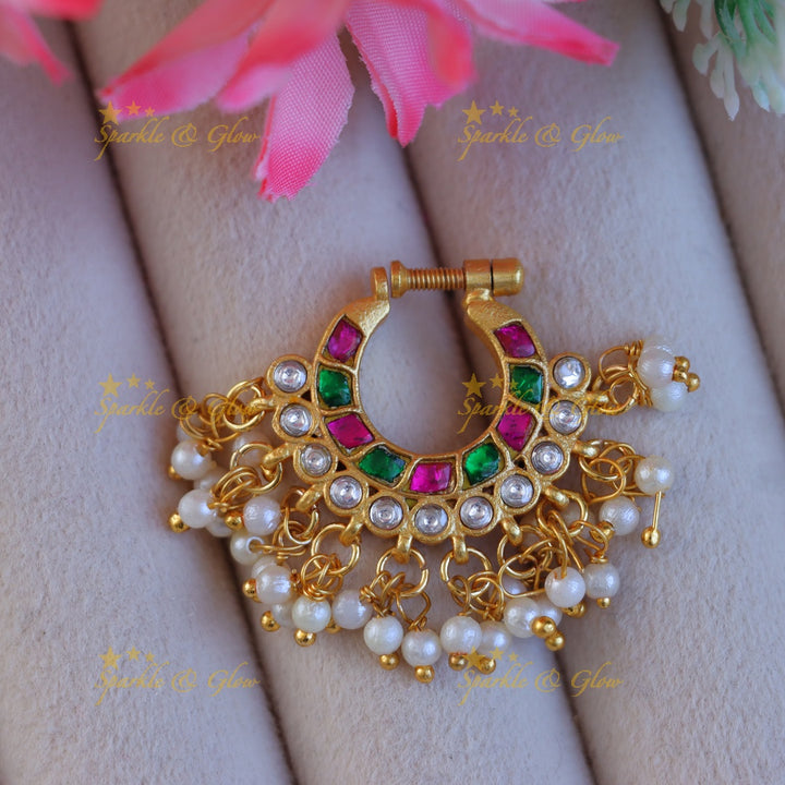 Stunning Gold Jadau Pearl Nosepin for Weddings