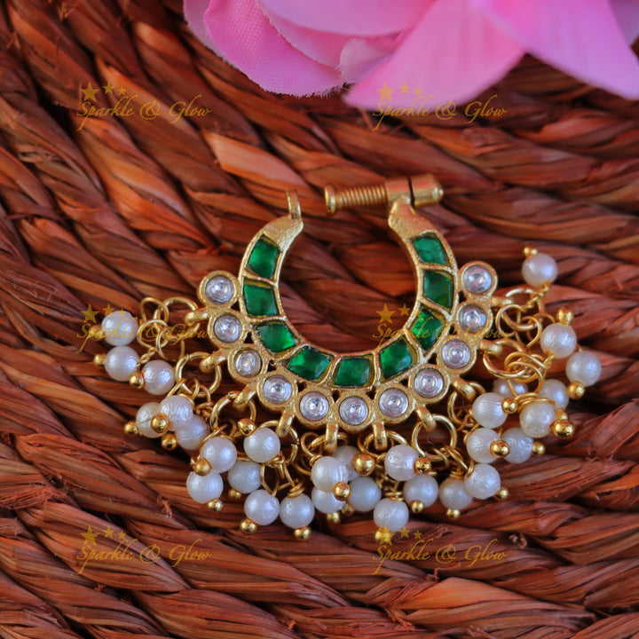 Stunning Gold Jadau Pearl Nosepin for Weddings