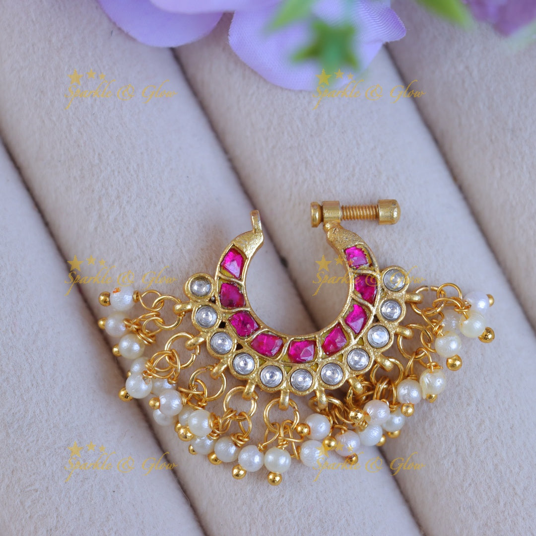 Stunning Gold Jadau Pearl Nosepin for Weddings