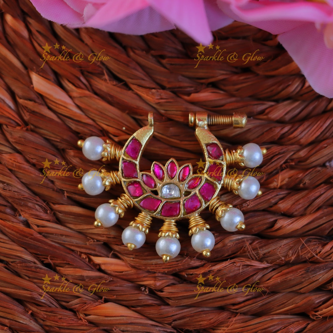 Beautiful Pearl & Jadau Floral Nosepin for Weddings