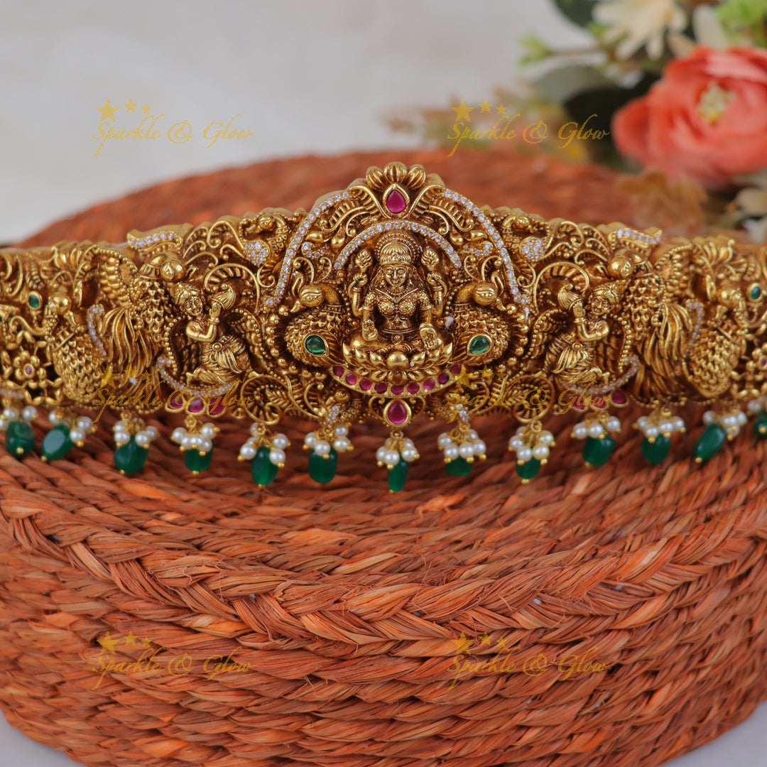 Luxurious Lakshmi Temple Hipbelt with Peacock Motif