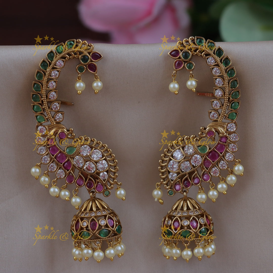 Exquisite Gold-Finish Peacock Jhumkas with Pearl Drops