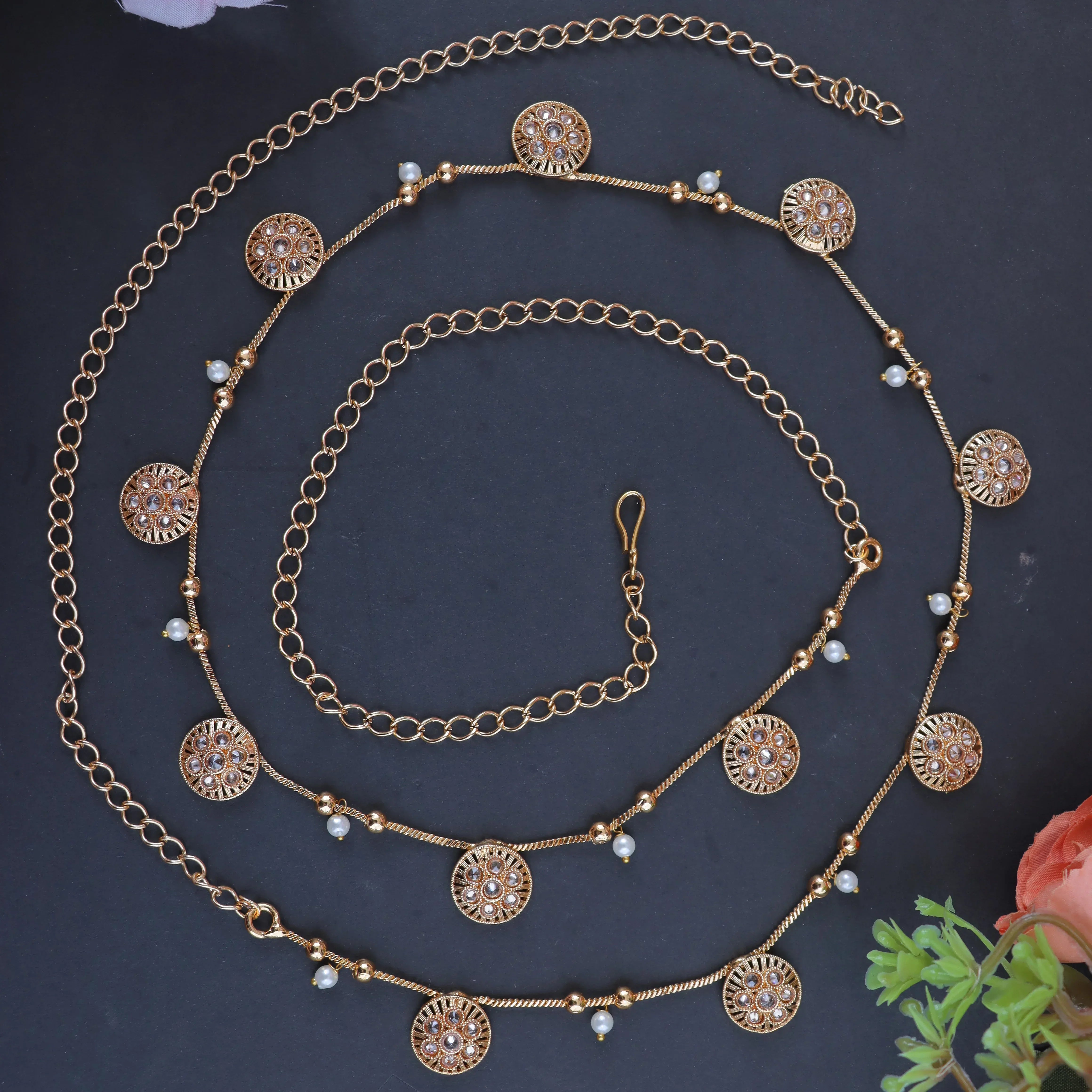 Exquisite Gold Floral Pearl Hip Chain for Weddings – Sparkle and Glow