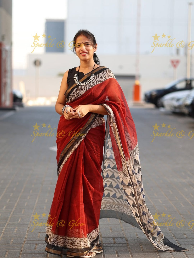 Exquisite Hand Block Printed Kota Doriya Saree - Elevate Your Style