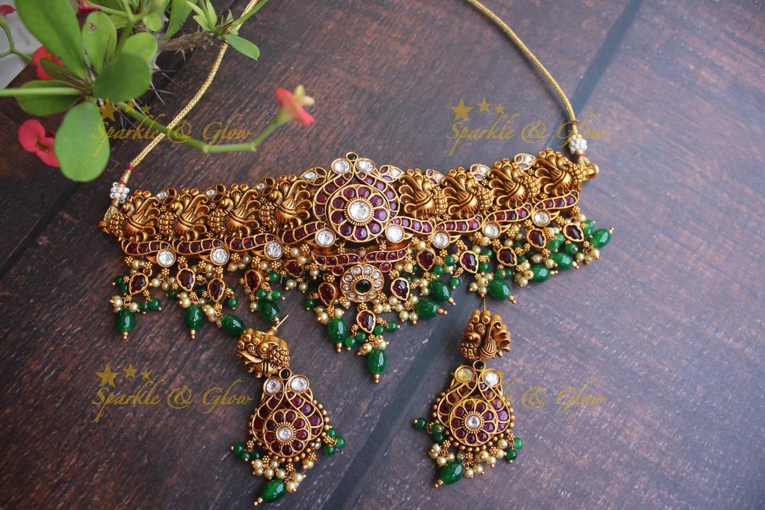 Exqusite Gold alike Peacock choker - Green - Sparkle and Glow