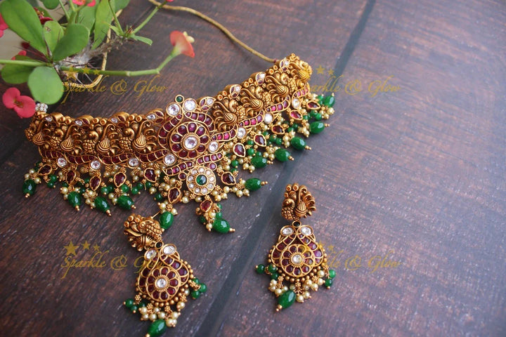 Exqusite Gold alike Peacock choker - Green - Sparkle and Glow