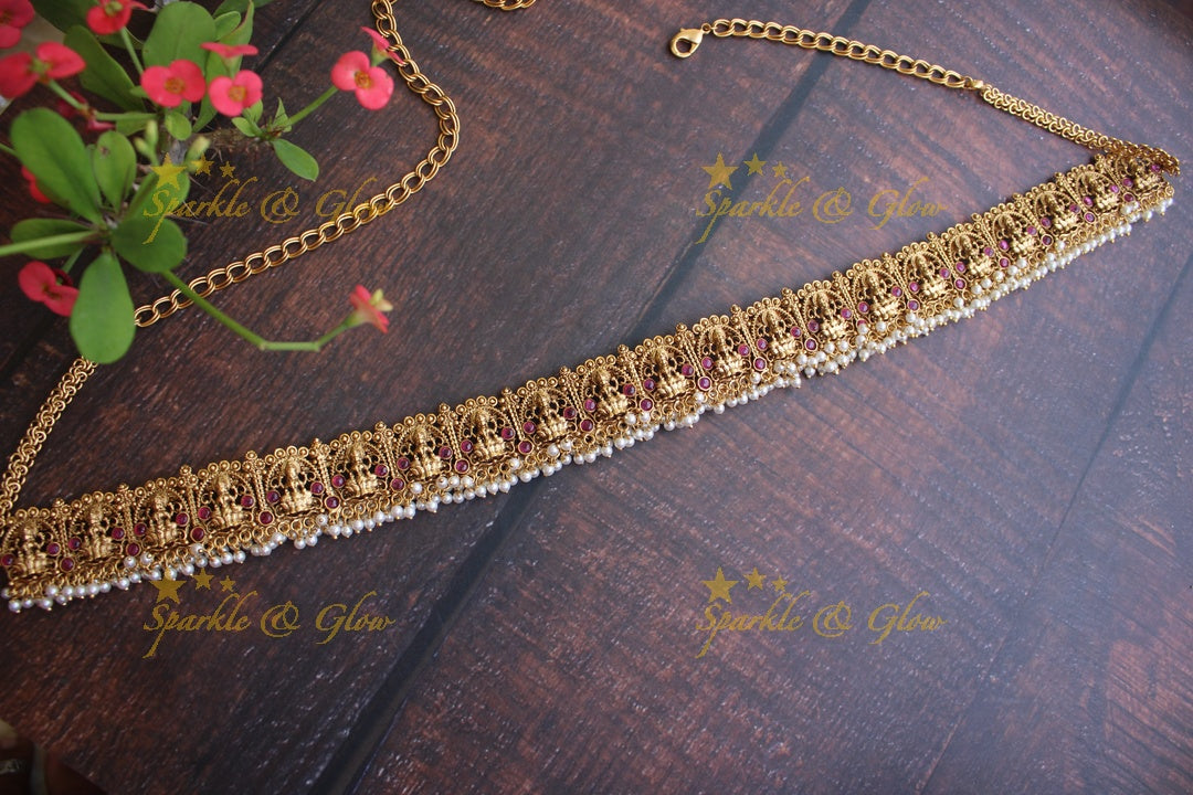 Premium quality gold alike polished lakshmi hip chain with gutta pusalu