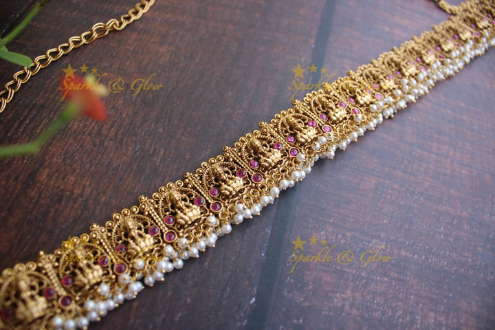 Premium quality gold alike polished lakshmi hip chain with gutta pusalu - Pinl