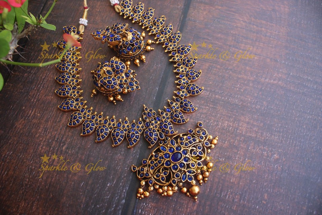 Gold alike polished kemp and cz stones mango necklace - White - Sparkle and Glow - Blue - Back Chain