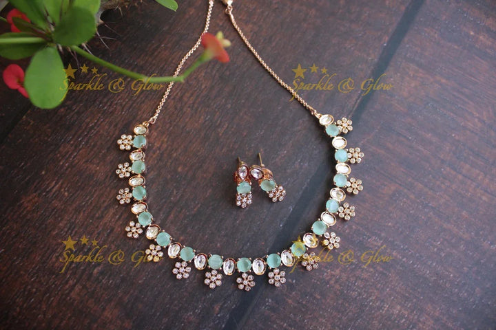 Beautiful Kundan and American Diamond Fusion necklace - Mint Green - Sparkle and Glow