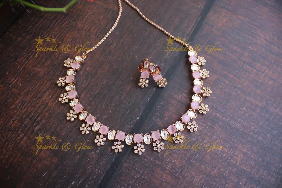 Beautiful Kundan and American Diamond Fusion necklace - Mint Green - Sparkle and Glow