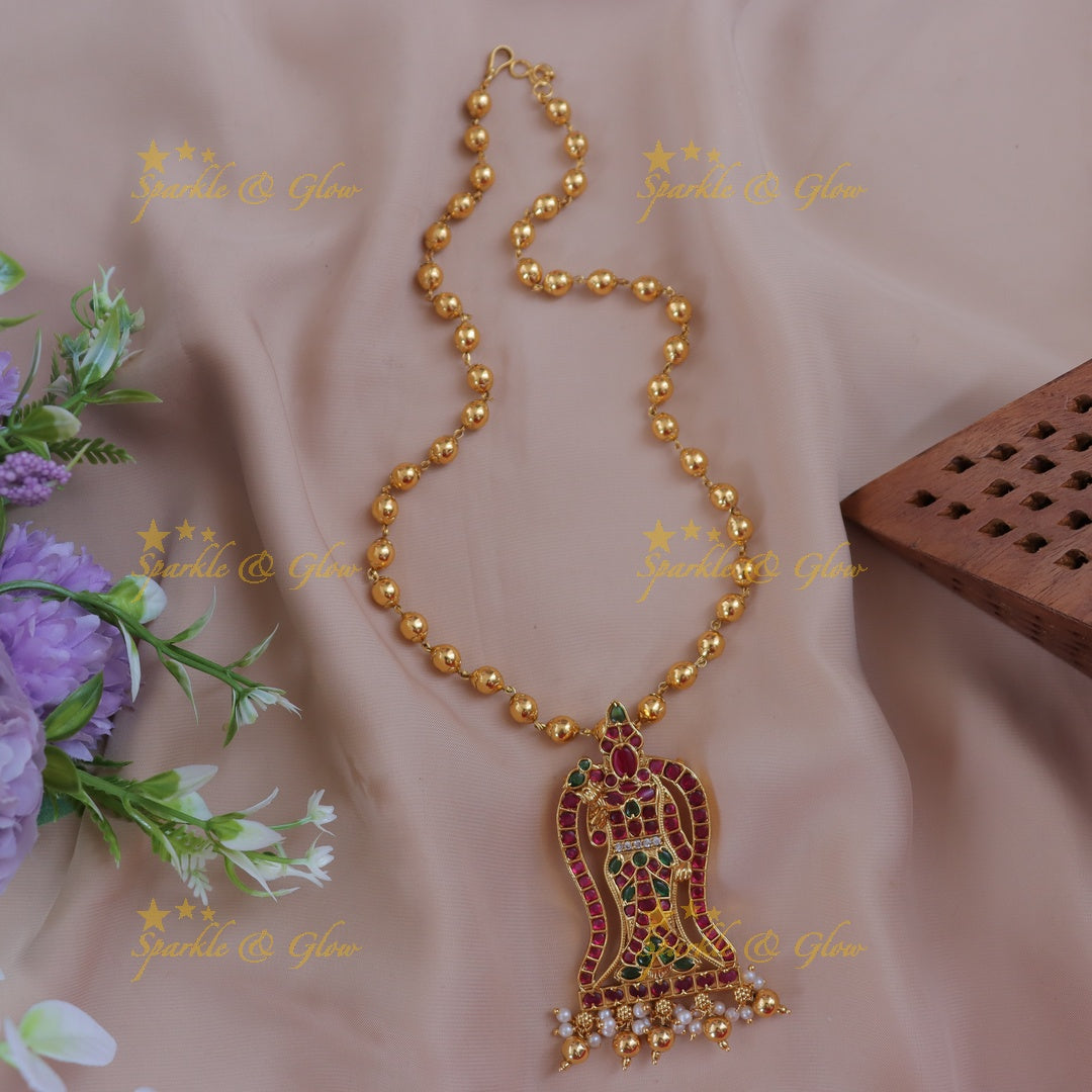 Festive Gold Bead Necklace with Idol Pendant
