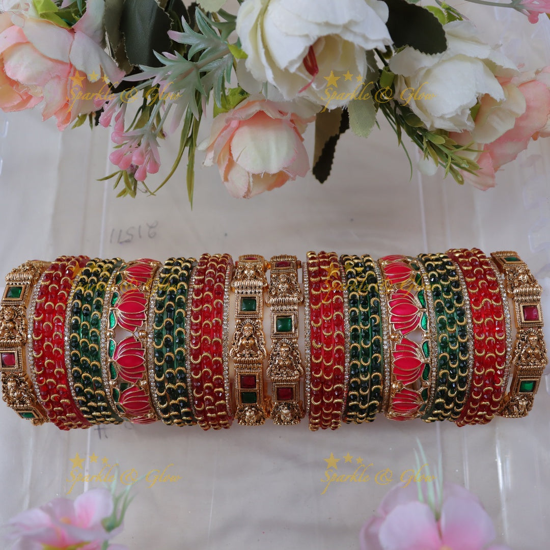 Exquisite Lakshmi Lotus Bangle Set - Bridal Elegance- Two hand