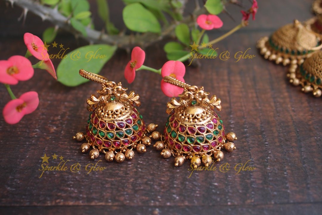 Premium Matte kemp hook jhumukas - Navarathna - Sparkle and Glow - Pink Green - 
