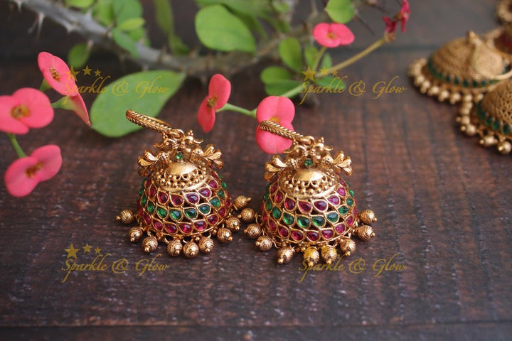 Premium Matte kemp hook jhumukas - Navarathna - Sparkle and Glow - Pink Green - 