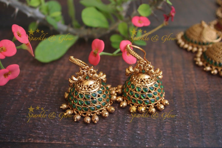 Premium Matte kemp hook jhumukas - Navarathna - Sparkle and Glow - Green - 