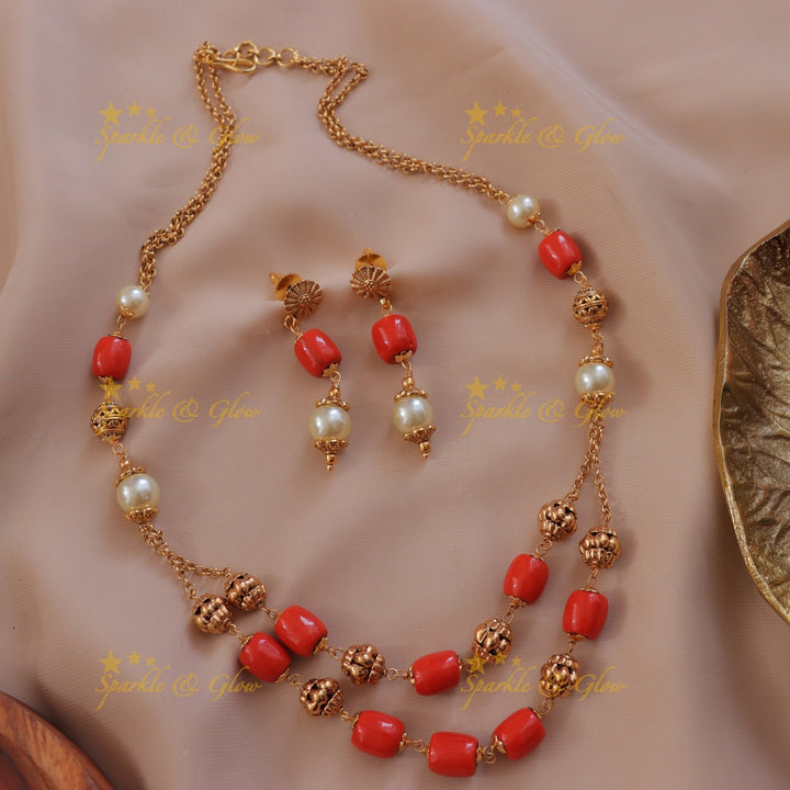 Coral Gold Necklace Set for Festive Charm - Sparkle & Glow