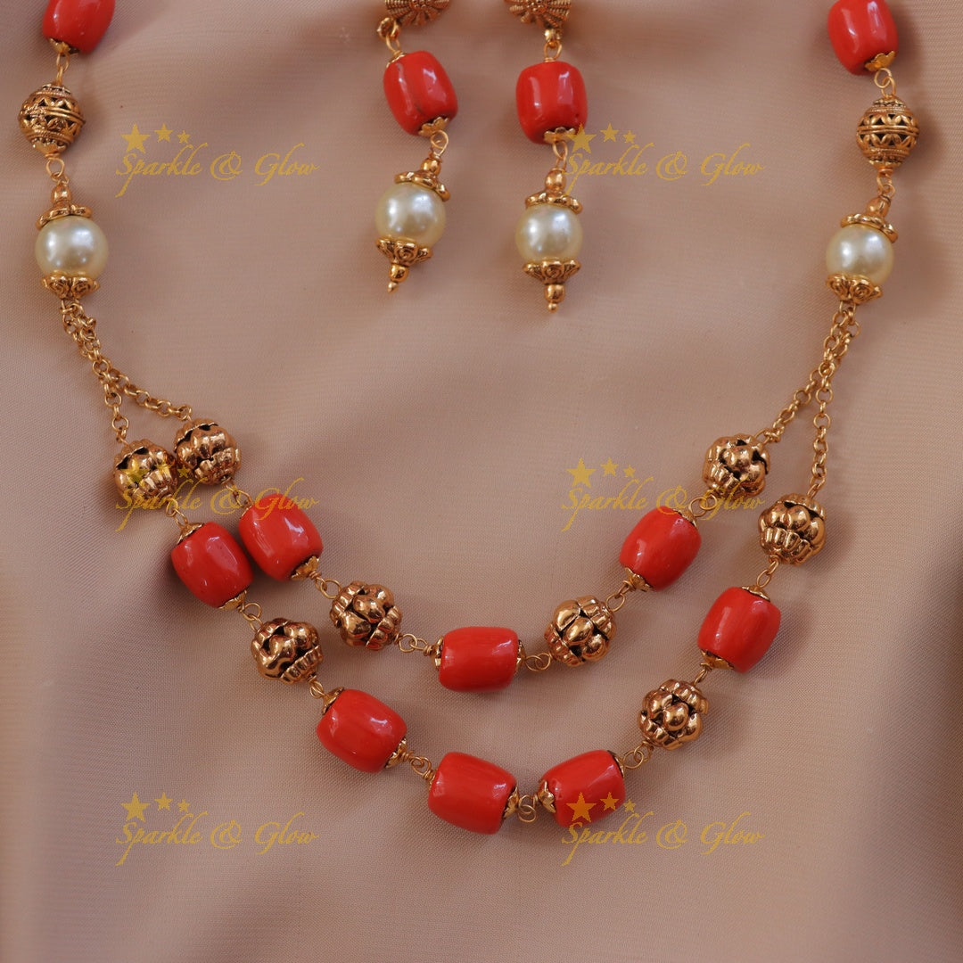 Coral Gold Necklace Set for Festive Charm - Sparkle & Glow