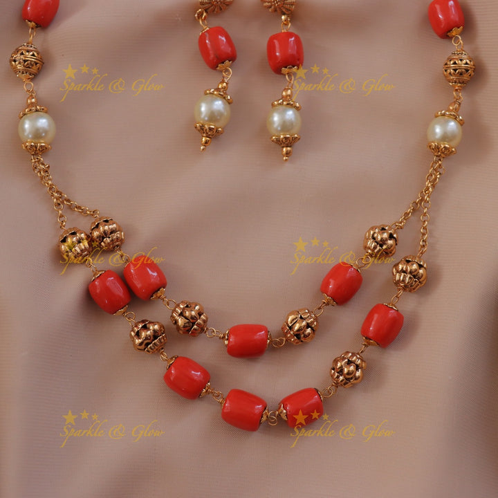 Coral Gold Necklace Set for Festive Charm - Sparkle & Glow