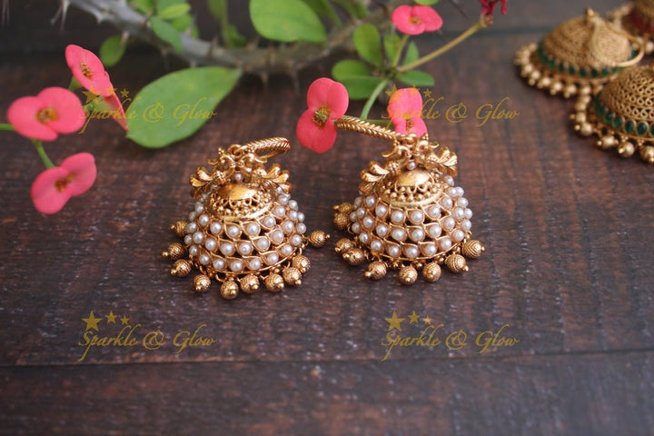 Premium Matte kemp hook jhumukas - Navarathna - Sparkle and Glow - Pearl - 