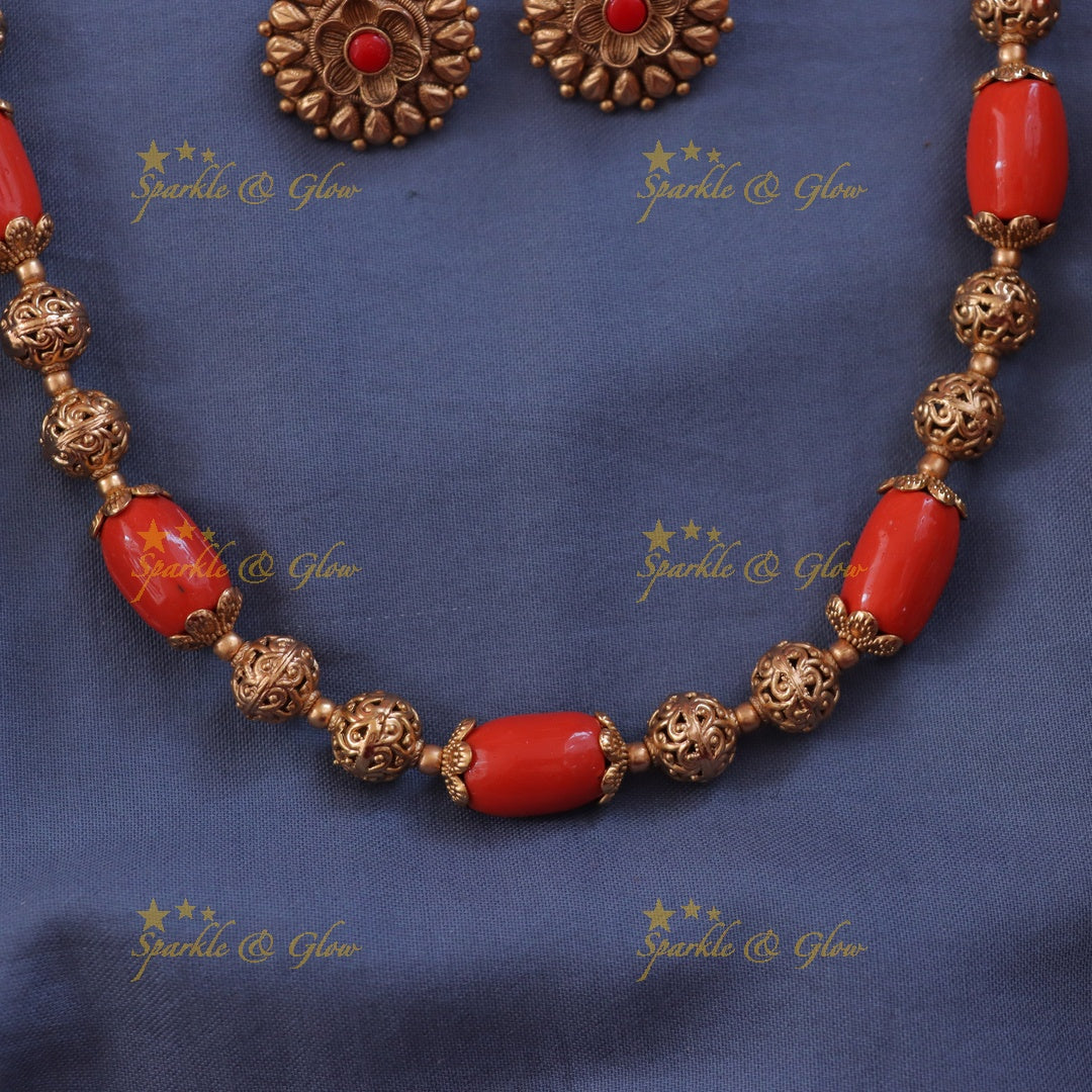 Exquisite Gold & Coral Necklace Set | Sparkle & Glow