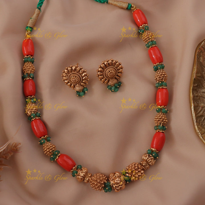Gold Green Bead Necklace - Festive Indian Jewellery