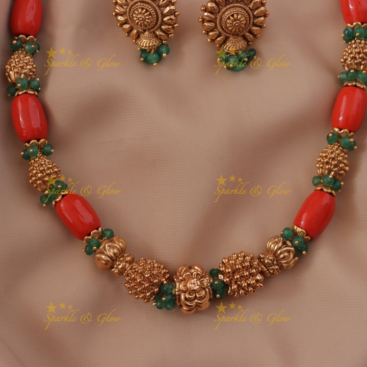 Gold Green Bead Necklace - Festive Indian Jewellery