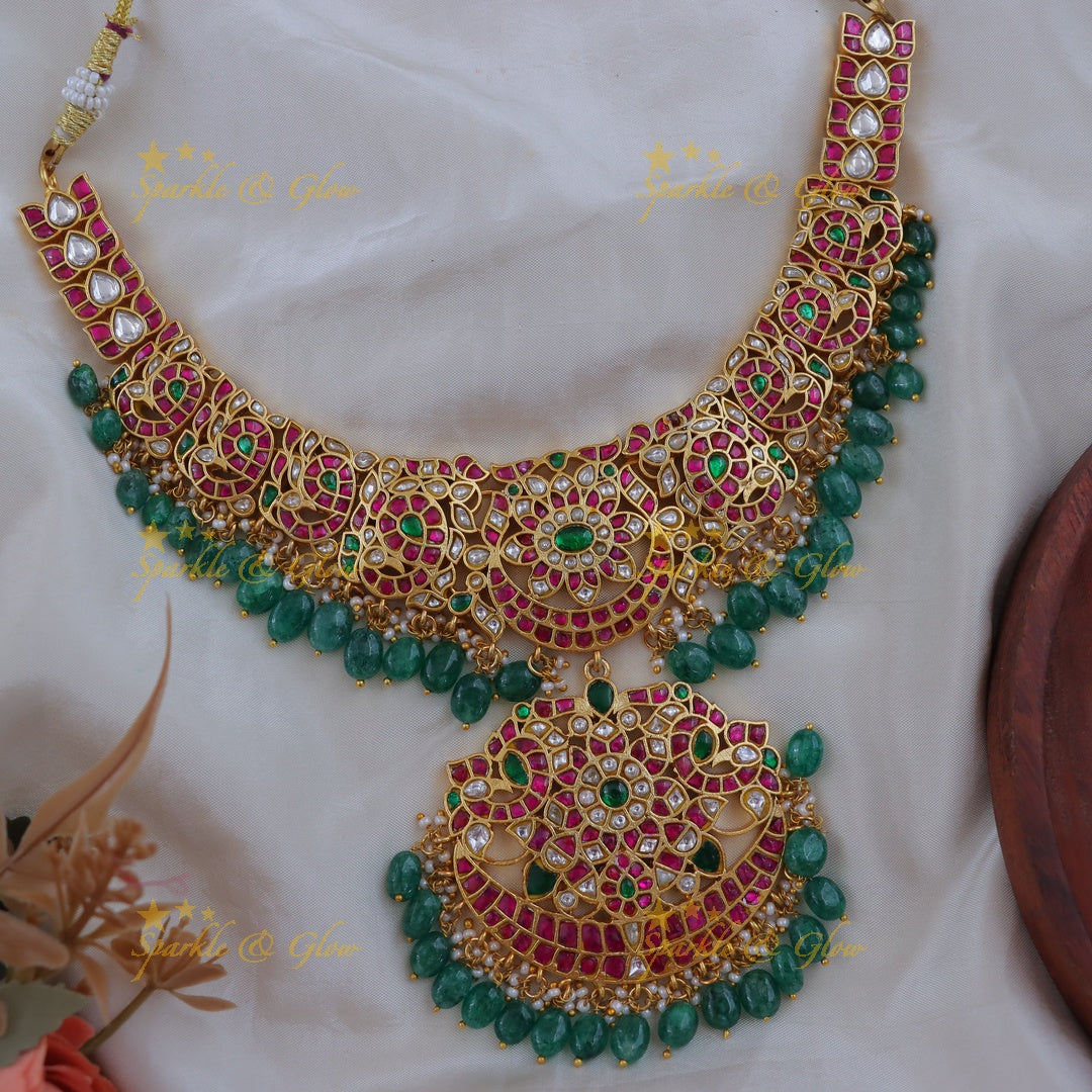 Elegant Jadau Necklace with Green Beads & Floral Design