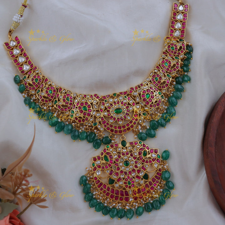 Elegant Jadau Necklace with Green Beads & Floral Design