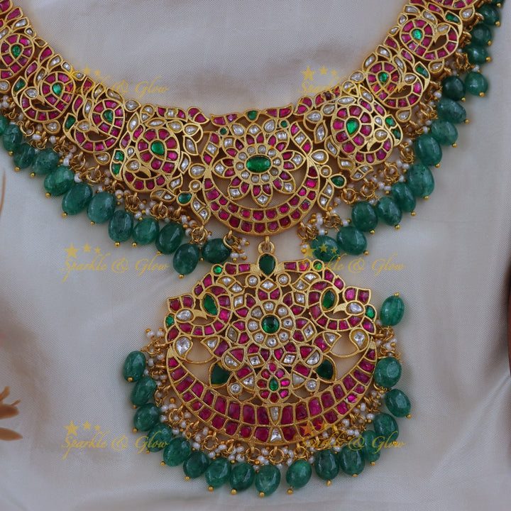 Elegant Jadau Necklace with Green Beads & Floral Design