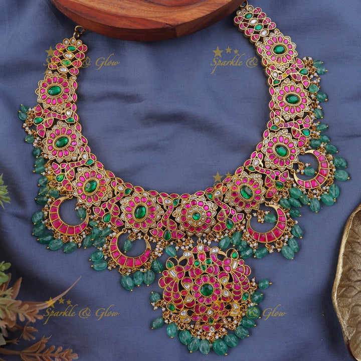 Exquisite Jadau Half Moon Necklace with Gemstones