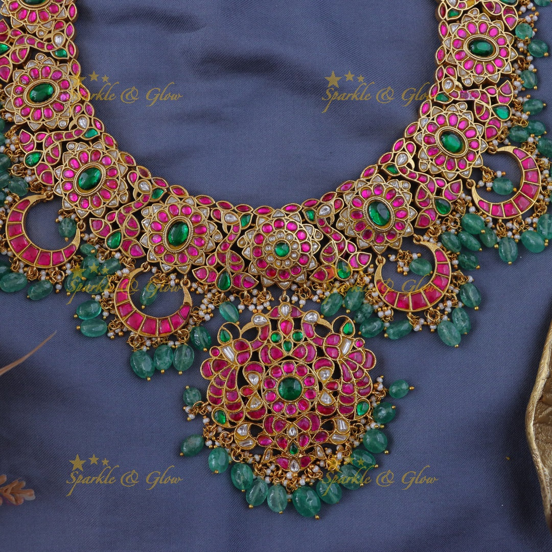 Exquisite Jadau Half Moon Necklace with Gemstones
