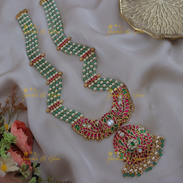 Grand Peacock Floral Jadau Necklace - Festive Elegance